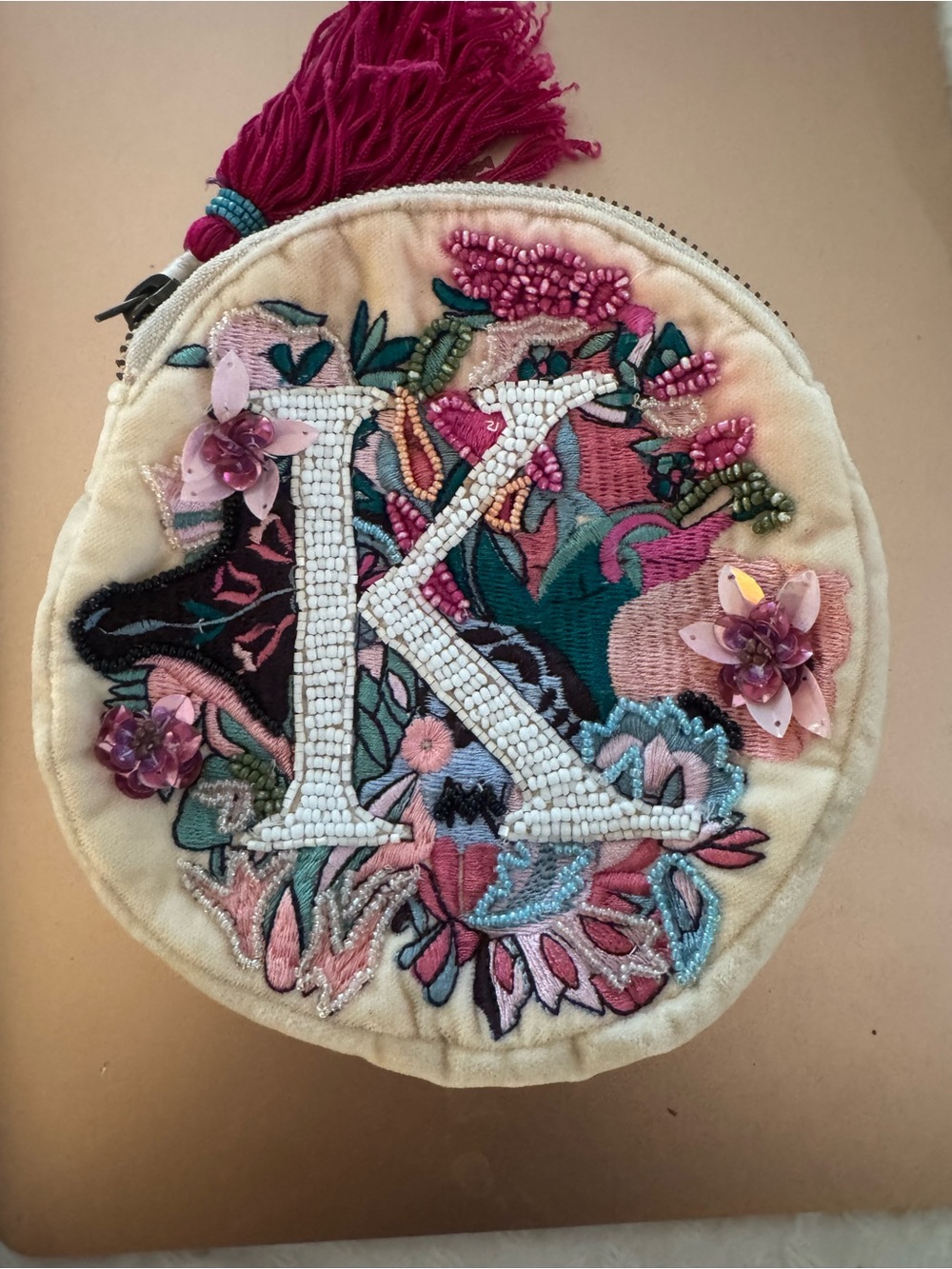 Anthropologie Embroidered Floral 'K' Round mini Bag - Pink